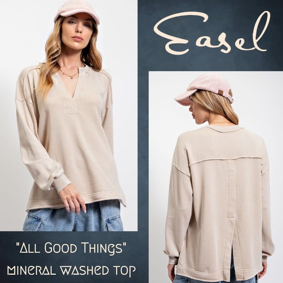 EASEL "All Good Things" Loose & Soft Mineral Washed Top V-Neck Side & Back Slits - Picture 1 of 13